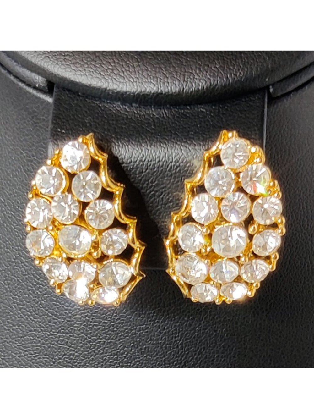 Vintage Lisner Clear Rhinestone Clip On Earrings Gold Tone 1950s 60s